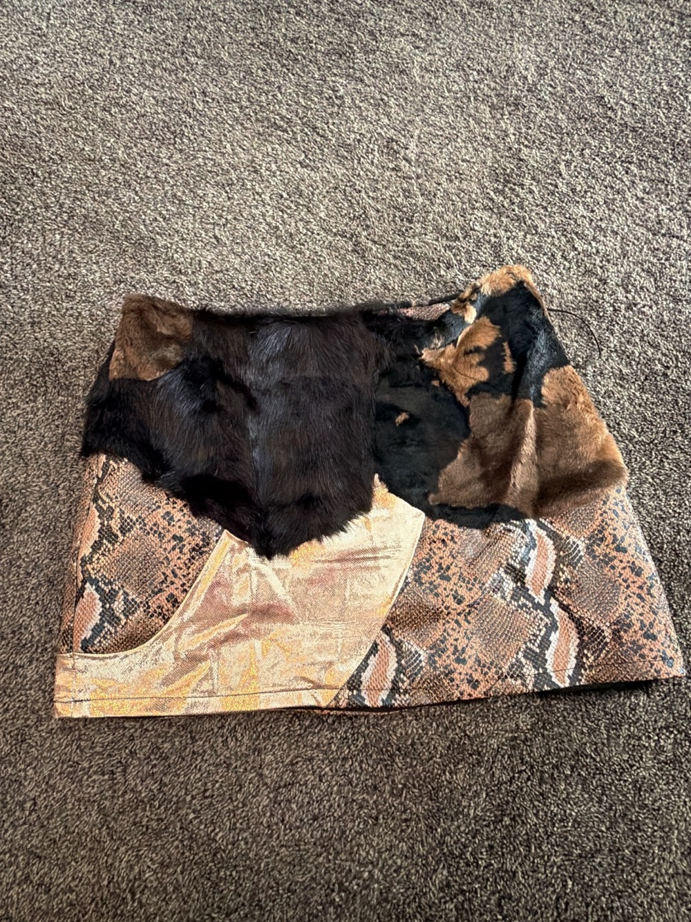 AKIRA Mixed Faux Fur & Snake-Print Mini Skirt in Brown and Black